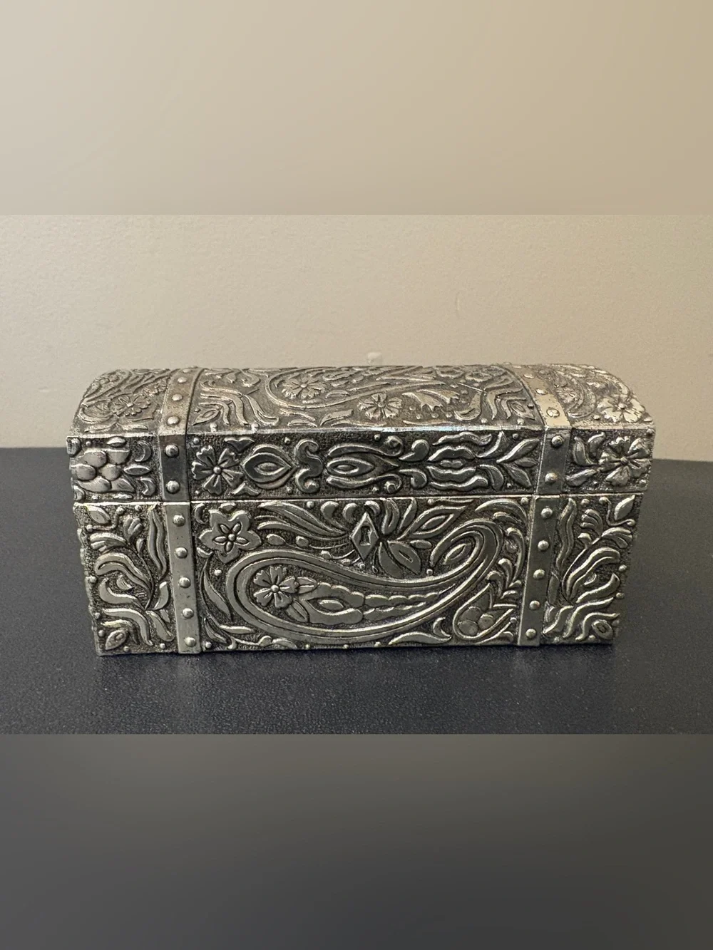 Decorative Silver-Tone Paisley Trinket Box with Red Interior